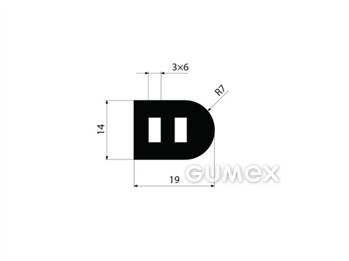 Gumový profil tvaru "D" 2x dutinka, 14x19/R7mm, 60°ShA, SBR, -40°C/+70°C, čierny